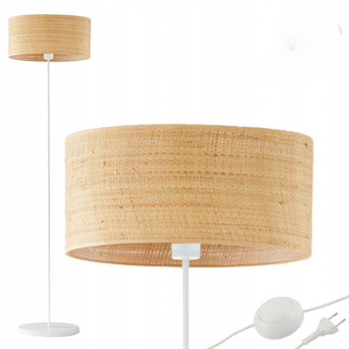 Lampa de podea boho din ratan, abajur cilindric, alb, 40cm diametru, 157cm