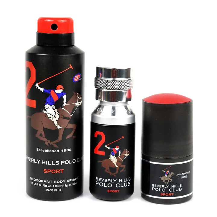 Set Beverly Hills Polo Club: 1982 - Sport 2, Apa de Toaleta, Pentru Barbati, 50 ml + 1982 - Sport 2, Antiperspirant, Deodorant Spray, Pentru Barbati, 175 ml + Sport 2, Antiperspirant, Deodorant Roll-On, Pentru Barbati, 50 ml