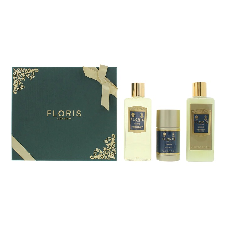 Set Floris Of London: Cefiro, Sampon pentru par, pentru conditionare, 250 ml + Cefiro, Gel de dus hidratant, pentru toate tipurile de piele, 250 ml + Cefiro, Deodorant stick antiperspirant, unisex, 75 g