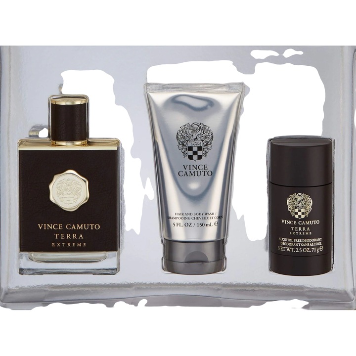 Set Vince Camuto: Terra Extreme, Apa de Toaleta, Pentru Barbati, 100 ml + Terra Extreme, Deodorant Stick Antiperspirant, Pentru Barbati, 71 g + Terra Extreme, Gel de Dus si Sampon 2-in-1, 150 ml