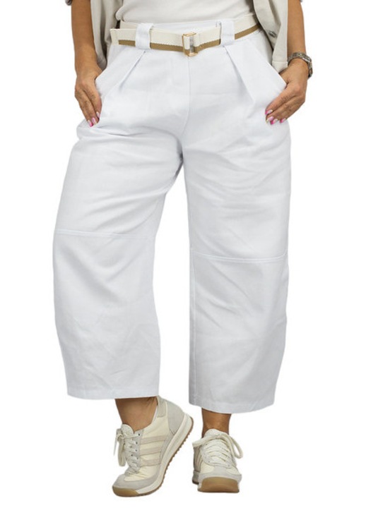 Pantaloni dama Mom Jeans 7/8 alb lamaie, 100% bumbac, talie medie cu elastic, curea inclusa, croiala conica – Agrafka unisize