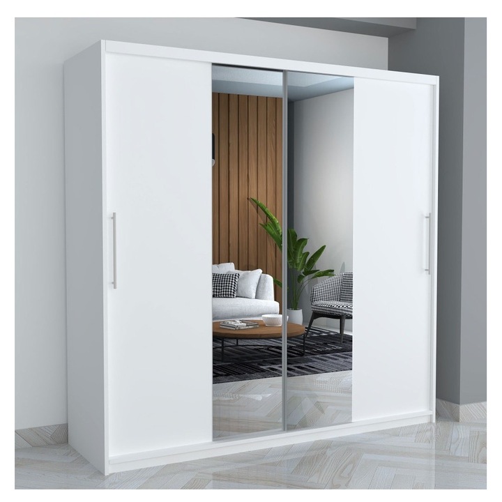 Dressing CELA Alb, 200x60x200cm, cu rafturi, usi glisante, oglinda