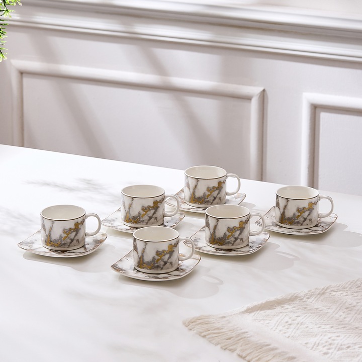 Set de 6 cesti cu 6 farfurioare, 180 ml - Marmura