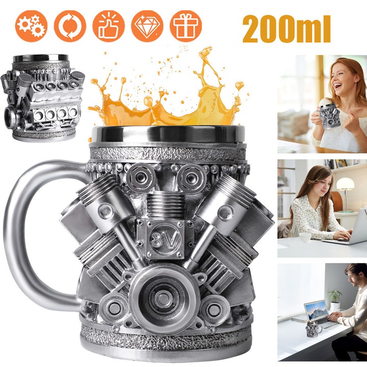 Cana din inox CHOOLY, design motor V8 3D, gri argintiu, 200ml