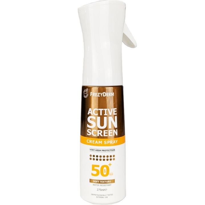 Spray de protectie solara, Frezyderm, SPF50+, 275 ml, textura moale, bronz natural