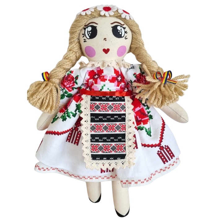 Papusa traditionala romaneasca Romancuta handmade, 30 cm, bumbac, costum popular