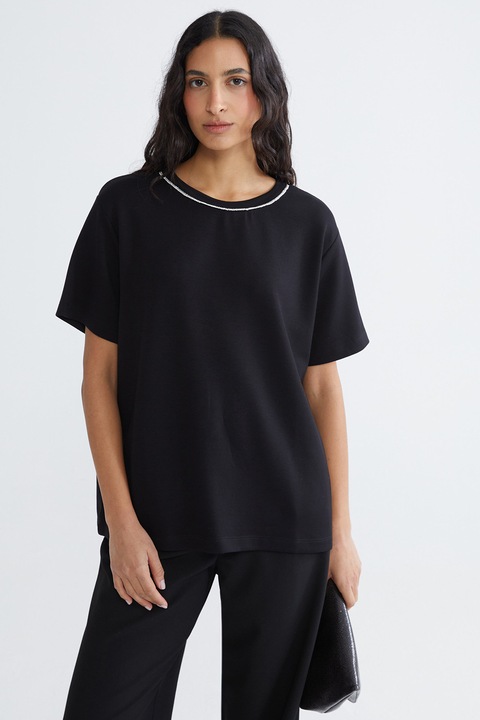 LC WAIKIKI, Bluza lejera cu decolteu decorat cu strasuri, Negru