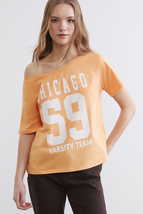 LC WAIKIKI, Tricou lejer din bumbac cu imprimeu text, Alb, Portocaliu pal, XL