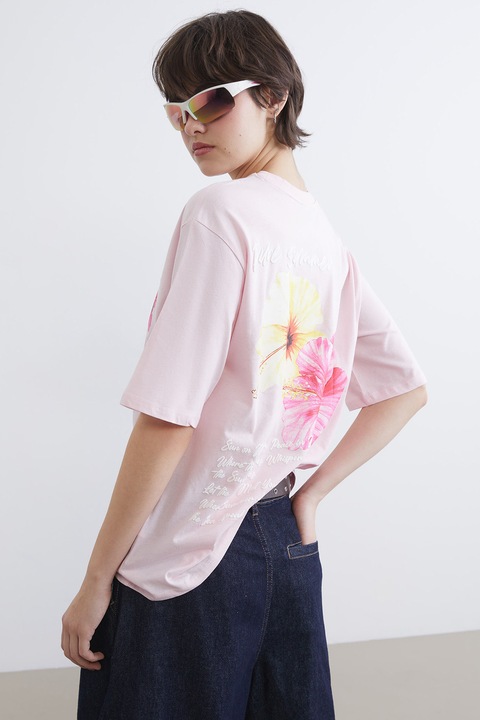 LC WAIKIKI, Tricou lejer din bumbac cu imprimeu text si model floral, Alb/Galben/Roz pastel