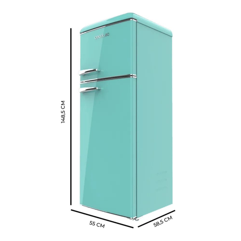 Frigider Retro Cecotec, Bolero CoolMarket 2D Origin, H148.5 cm, capacitate toatala 215 litri, iluminare interioara, manere ergonomice, rafturi din sticla, alarma acustica usa deschisa, control temperatura prin rotita, picioare reglabile, turcoaz