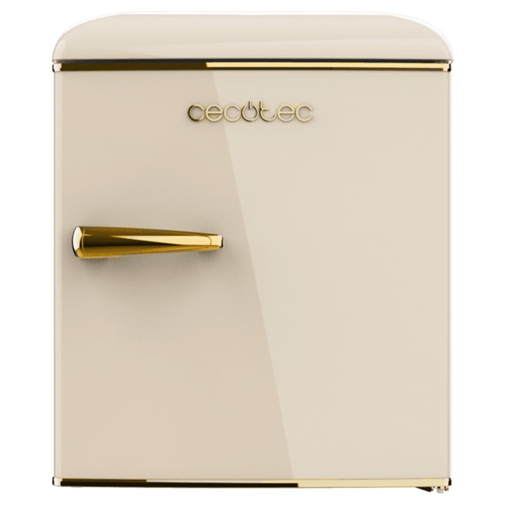 Mini frigider Retro Cecotec, Bolero CoolMarket TT Origin, ideal pentru rulote/pensiuni/camere de hotel, capacitate 45 litri, H 55, compartiment pentru oua/sticle, compartiment pentru gheata, panou de control mecanic, zgomot redus, crem