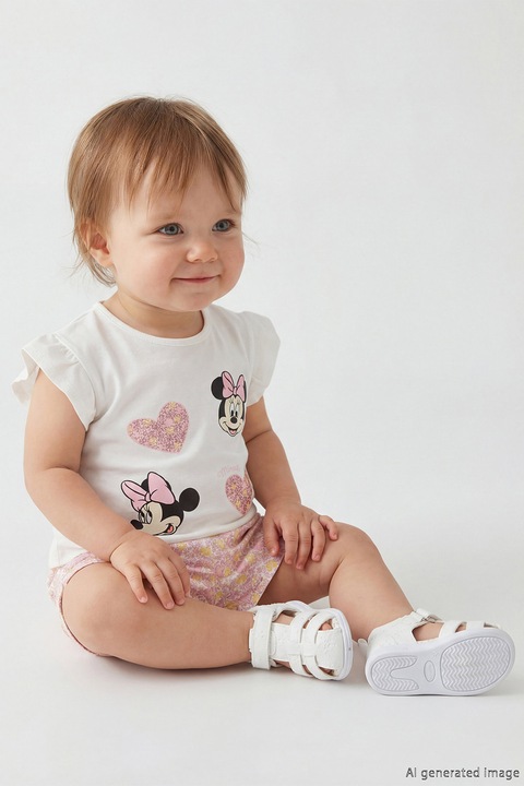 LC WAIKIKI, Set de tricou cu imprimeu Minnie Mouse si pantaloni scurti cu model floral - 2 piese, Alb/Roz