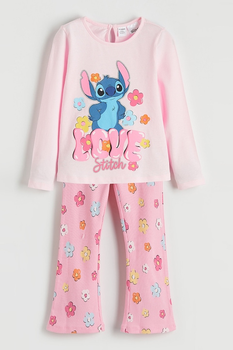 LC WAIKIKI, Set de bluza cu imprimeu Stitch si pantaloni evazati cu model floral - 2 piese, Roz