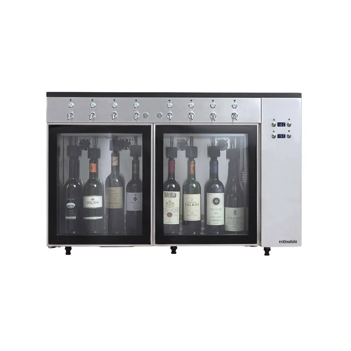 Dispenser de vin premium KlimaItalia, Sommelier, capacitate 8 sticle, conservare 3/4 saptamani, temperatura reglabila 5-18 °C, racire cu compresor, dozare standard 75 ml, dezghetare automata, termostat electronic, 2 zone racire, inchidere ermetica, inox