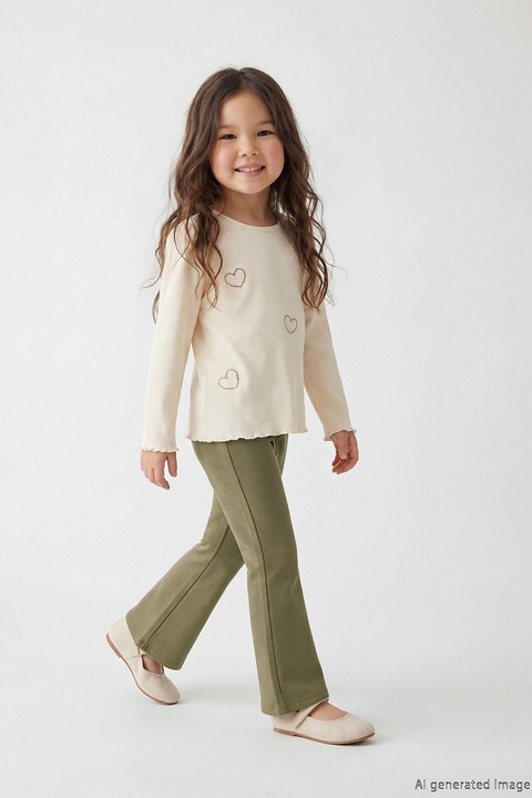 LC WAIKIKI, Set de bluza striata si pantaloni - 2 piese, Verde masliniu/Bej deschis