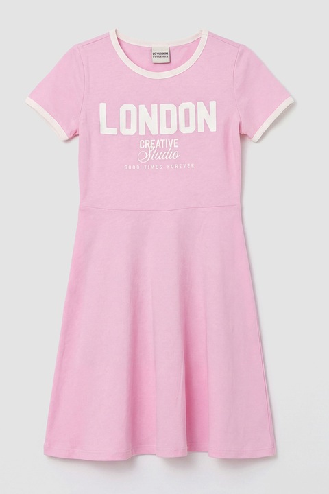 LC WAIKIKI, Rochie de bumbac cu imprimeu text, Alb/Roz pastel