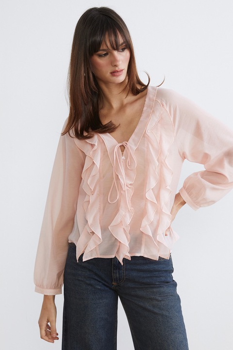 LC WAIKIKI, Bluza cu decolteu in V si garnituri cu volane, Roz pal