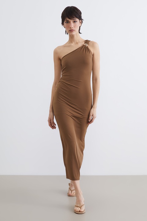 LC WAIKIKI, Rochie midi cu decolteu pe un umar si element metalic, Maro