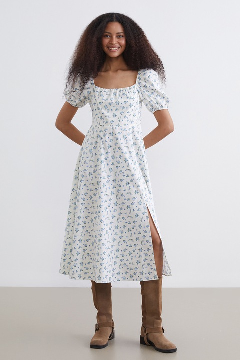 LC WAIKIKI, Rochie midi cu maneci bufante si model floral, Alb/Albastru deschis