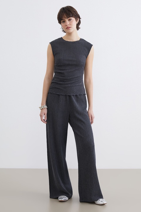 LC WAIKIKI, Pantaloni cu croiala ampla si snur, Alb/Gri carbune