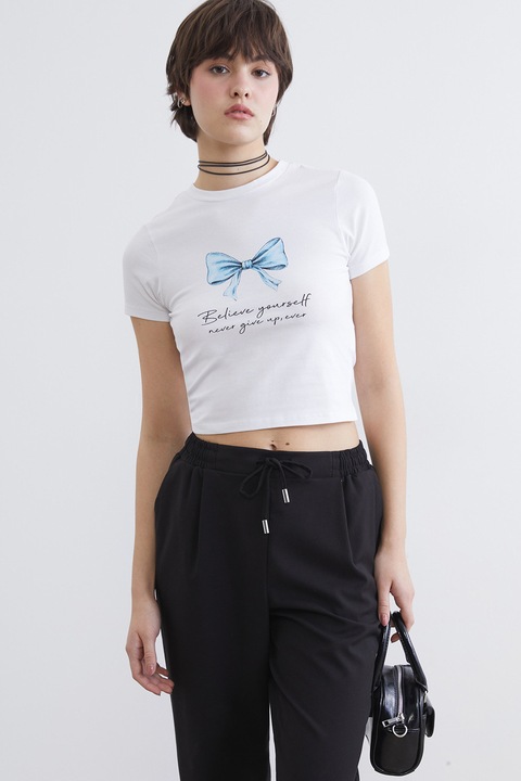 LC WAIKIKI, Tricou crop cu croiala slim-fit si imprimeu, Alb/Albastru deschis