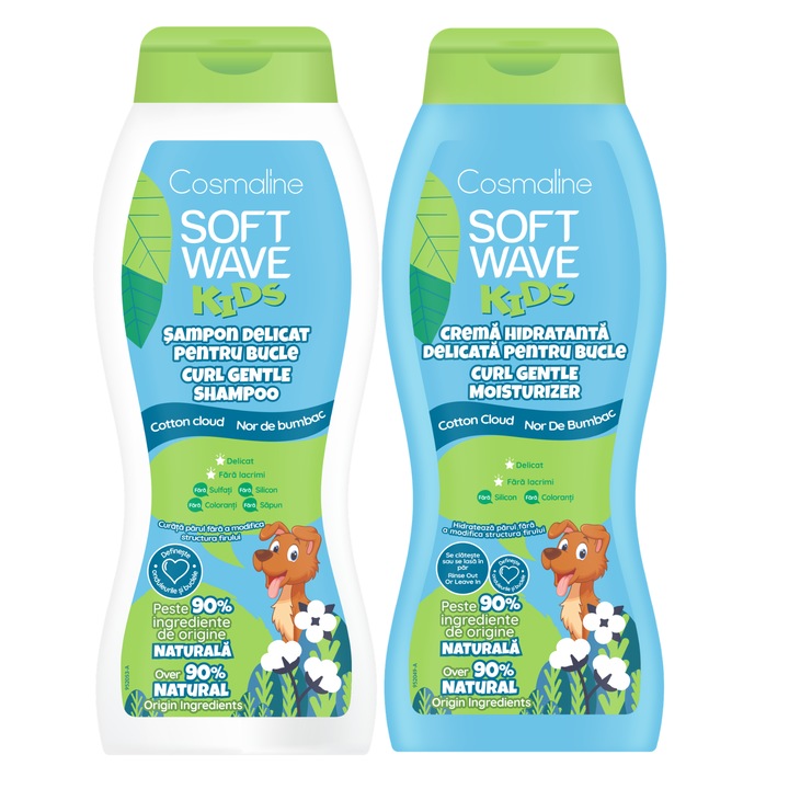 Set Sampon si Crema Hidratanta Cosmaline Soft Wave Kids, 400ml fiecare, ingrijire par cret sau ondulat, aroma Cotton Cloud