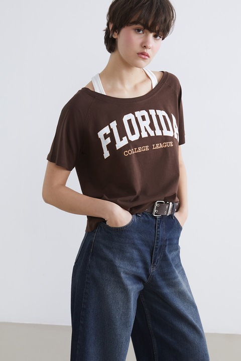 LC WAIKIKI, Tricou lejer din bumbac cu imprimeu text, Alb/Maro