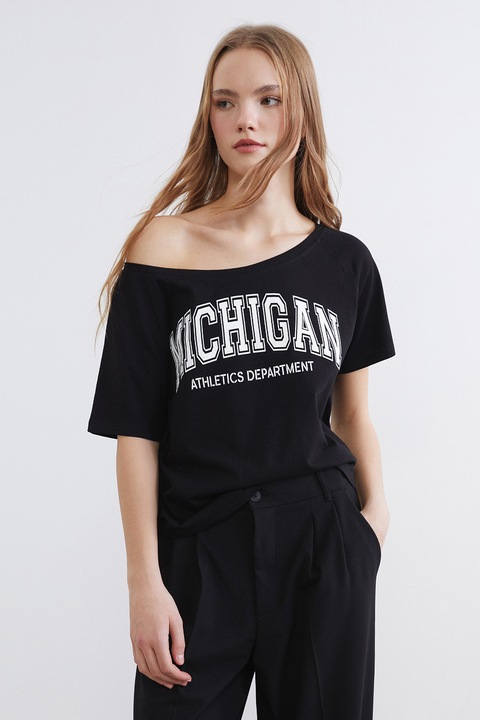 LC WAIKIKI, Tricou lejer din bumbac cu imprimeu text, Alb/Negru