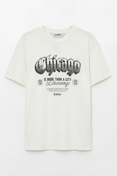 LC WAIKIKI, Tricou de bumbac cu imprimeu Chicago, Alb/Negru stins/Gri inchis