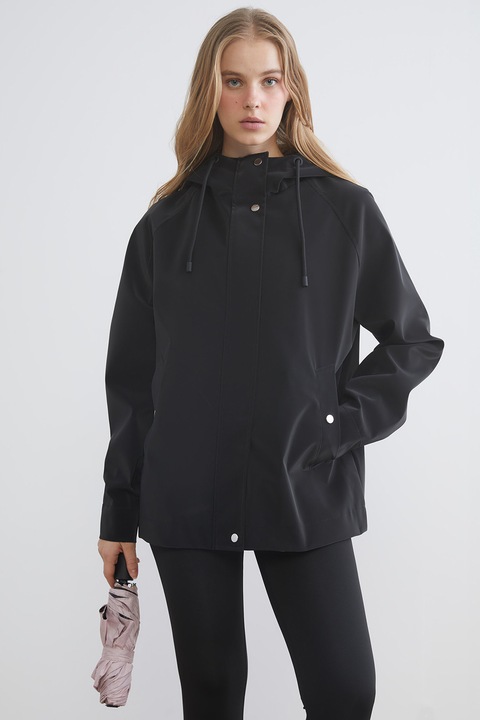 LC WAIKIKI, Jacheta supradimensionata de piele ecologica cu gluga, Negru