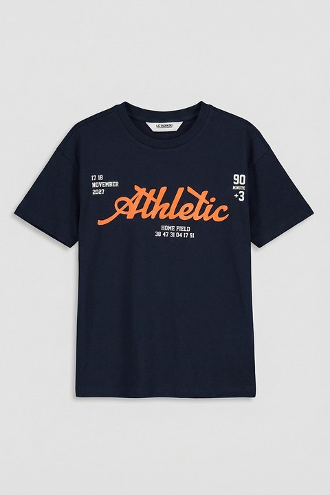 LC WAIKIKI, Tricou de bumbac cu imprimeu si decolteu la baza gatului, Albastru pastel/Albastru ultramarin/Portocaliu stins