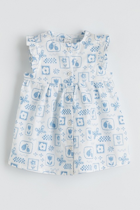 LC WAIKIKI, Rochie cu model si maneci scurte cu volane, Alb/Albastru lavanda