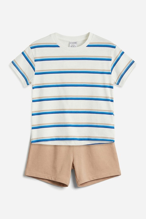 LC WAIKIKI, Set de tricou cu dungi si pantaloni scurti - 2 piese, Alb/Maro deschis/Albastru