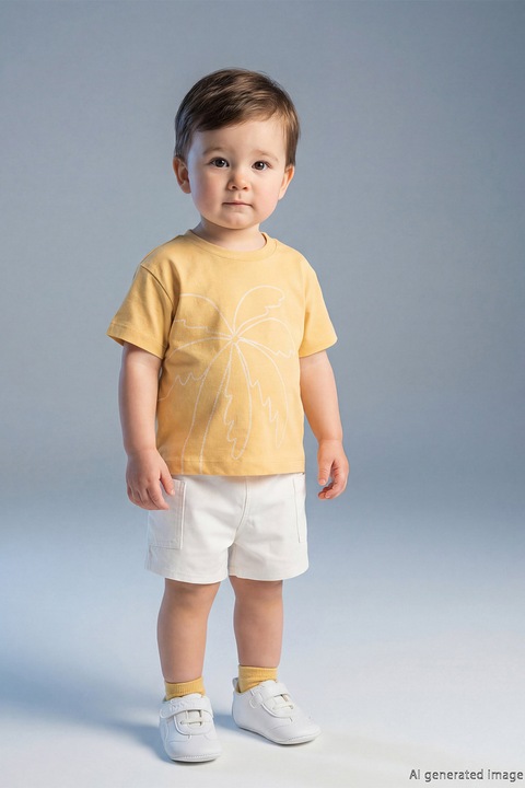 LC WAIKIKI, Set de tricou cu imprimeu si pantaloni scurti - 2 piese, Alb/Portocaliu pal