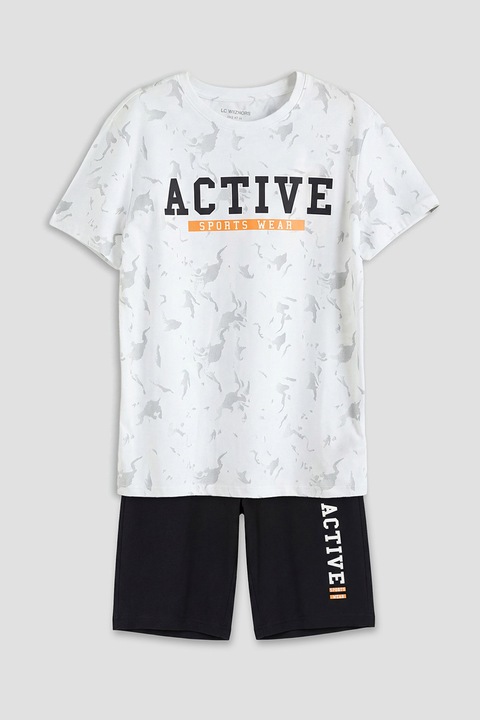 LC WAIKIKI, Pijama din bumbac cu imprimeu text, Alb/Negru