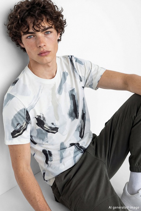 LC WAIKIKI, Tricou de bumbac cu model si decolteu la baza gatului, Negru/Albastru prafuit/Alb murdar