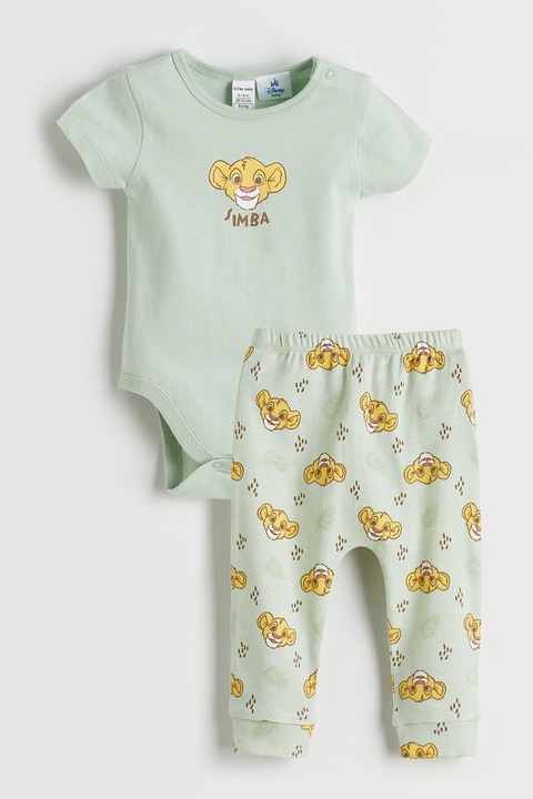 LC WAIKIKI, Set de body cu maneci scurte si pantaloni cu imprimeu desene animate - 2 piese, Verde deschis