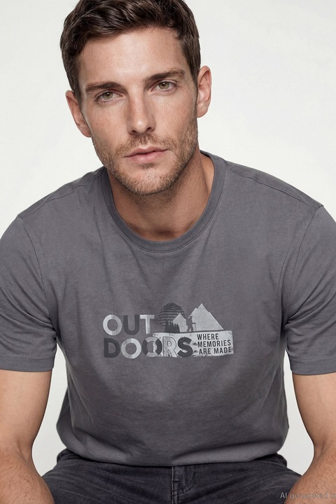 LC WAIKIKI, Tricou din bumbac cu imprimeu grafic si text, Alb murdar/Gri inchis