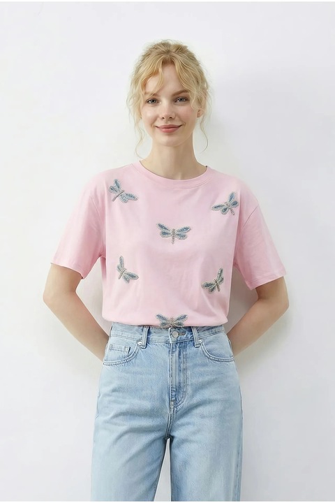 Tricou dama Bianco Lucci, brodat, croiala lejera, roz/albastru, bumbac-elastan