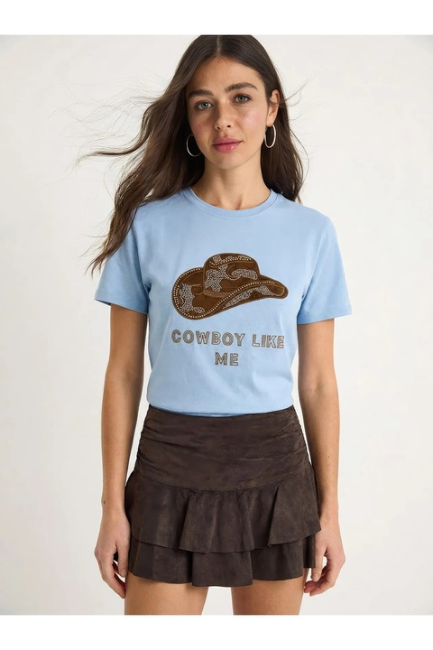 Tricou dama, Bianco Lucci, bumbac, brodat, albastru deschis/maro, bumbac