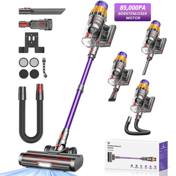 Aspirator Vertical Fara Fir MAUOKE V17MAX, 85kPa, 80min autonomie, HEPA H13, 2.6L, Auriu/Violet, 12-in-1
