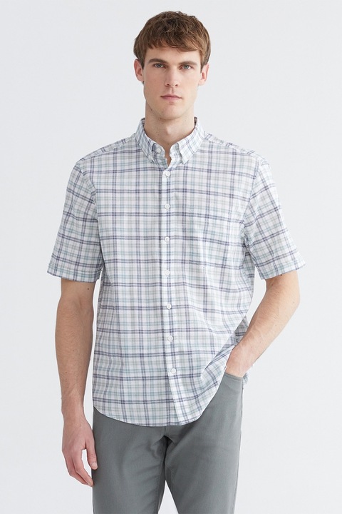 LC WAIKIKI, Camasa in carouri cu maneci scurte, Alb/Verde pal/Gri inchis