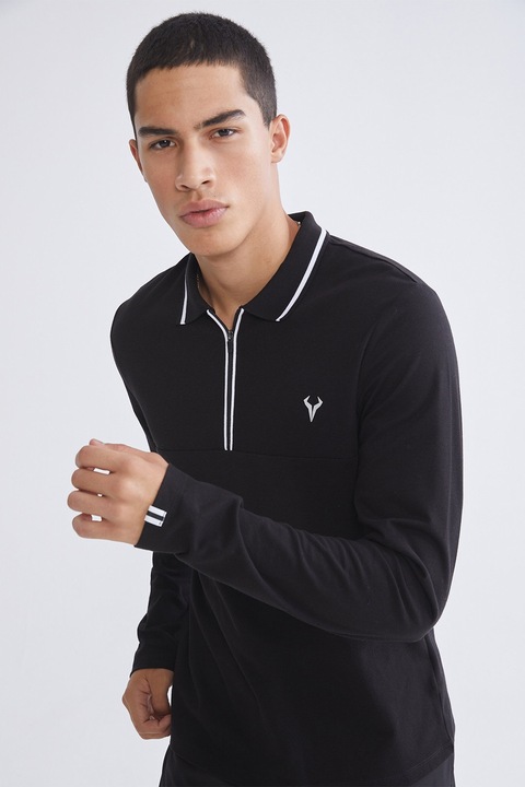 LC WAIKIKI, Bluza din amestec de bumbac cu guler polo, Alb, Negru, L