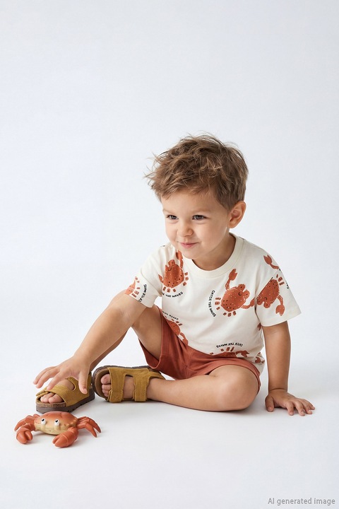 LC WAIKIKI, Set de pantaloni scurti si tricou cu imprimeu, Alb/Caramiziu