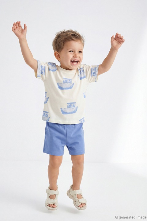 LC WAIKIKI, Set de tricou din bumbac si pantaloni scurti, Alb/Albastru