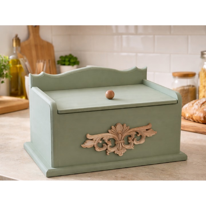 Fa kenyértartó doboz fedéllel, kézzel festett, zöld, konyhai kenyértartó, kenyér tároló doboz, rusztikus vintage design, 40 cm