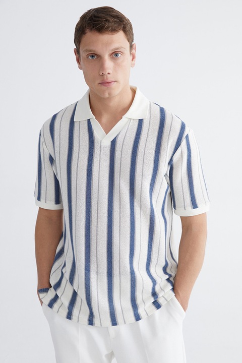 LC WAIKIKI, Tricou polo cu dungi si decupaj in V, Alb/Albastru inchis