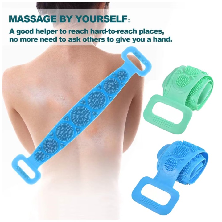 Set 2 Bureti de Baie, pentru Spalare Corporala si Exfoliere Piele, Slim body, Banda cu 2 Fete Striate pentru Curatare Profunda, Perie de masaj, spalare spate, 60 cm X 10 cm, Premium Silicon, verde, albastru, KINGLION