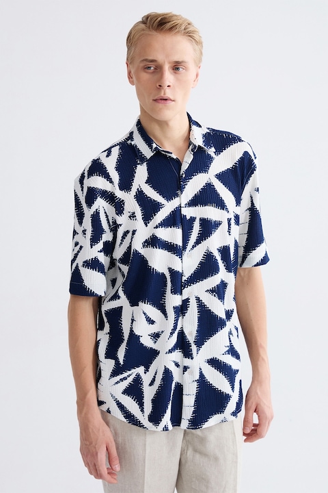 LC WAIKIKI, Camasa cu model si maneci scurte, Alb optic/Bleumarin