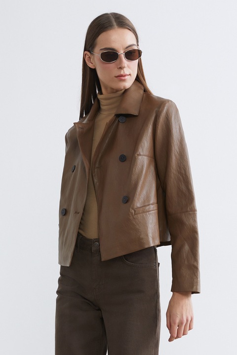 LC WAIKIKI, Jacheta din piele ecologica cu doua randuri de nasturi, Caramel